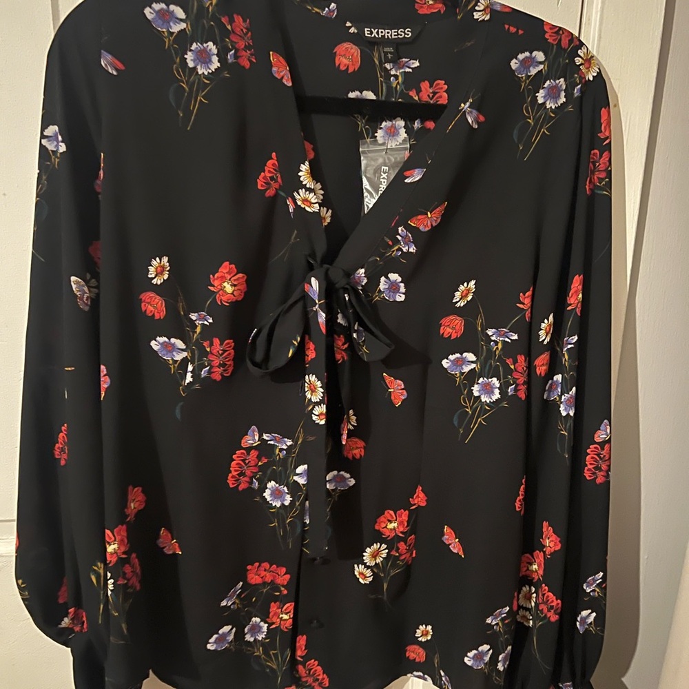Express Black Floral Blouse with Red and Purple Accents